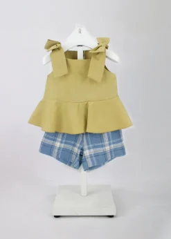 Barcellino Top Senape con Fiocchi con Shorts Blu per Neonate