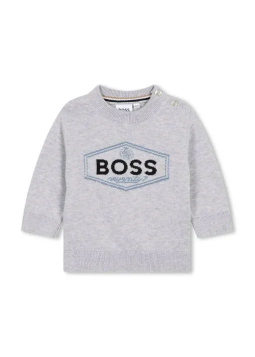 Boss Kids Maglioncino Grigio Girocollo con Logo per Neonati
