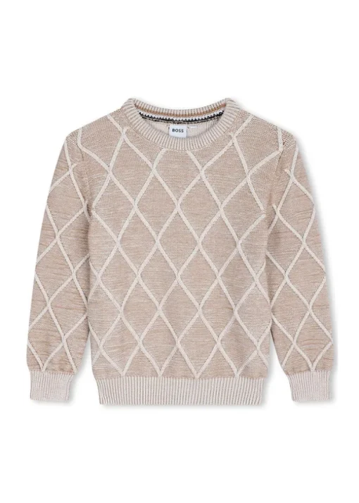 Boss Kids Maglione Sabbia Fantasia Rombi con Logo per Bambini
