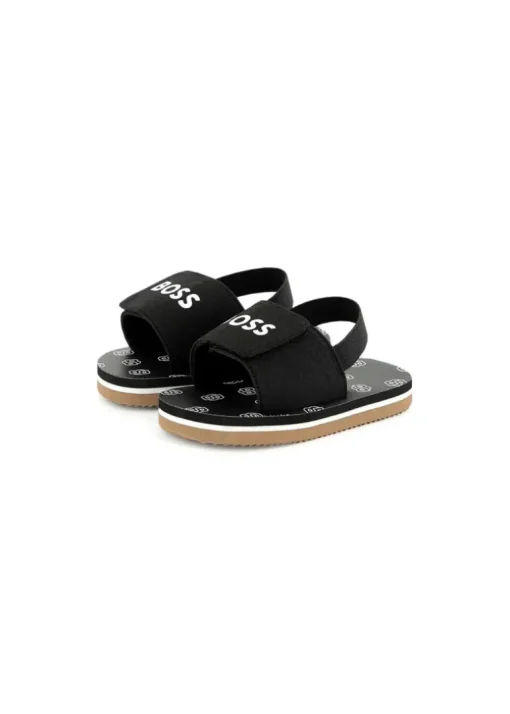 Boss Kids Sandali Neri Pull On con Logo Neonati