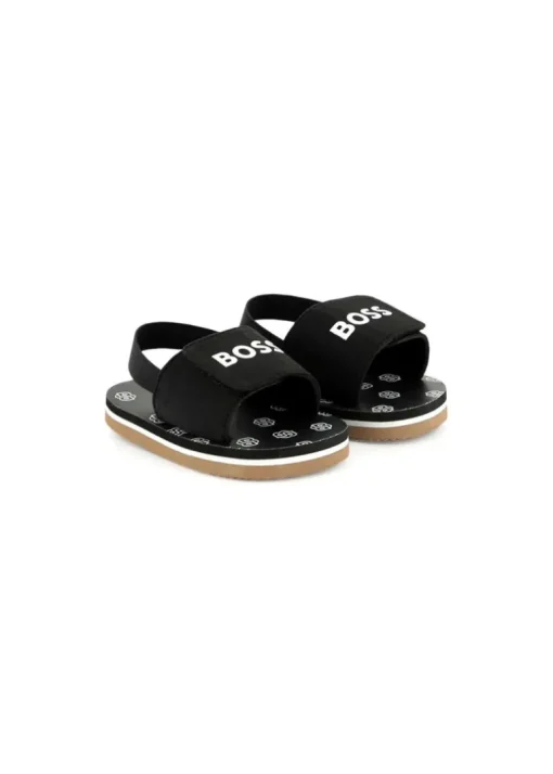 Boss Kids Sandali Neri Pull On con Logo Neonati