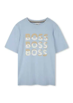 Boss Kids T-shirt Celeste con Stampa Boss per Bambini
