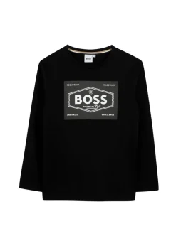 Boss Kids T-shirt Nera Maniche Lunghe con Logo per Bambini