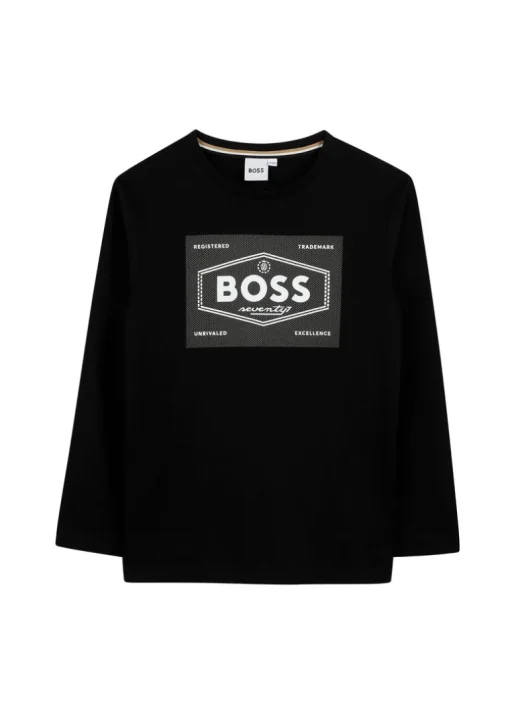 Boss Kids T-shirt Nera Maniche Lunghe con Logo per Bambini