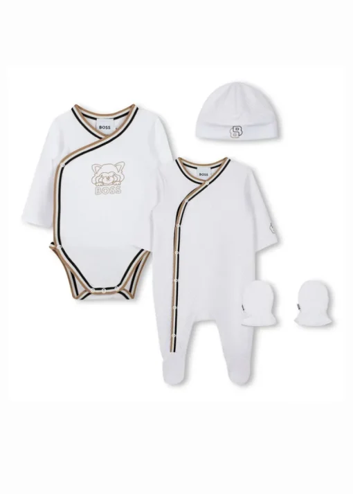 Boss Kids Tutina con Body Cappellino e Muffole Bianco per Neonati
