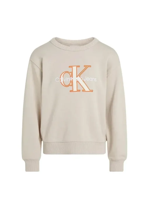 Calvin Klein Kids Felpa Beige Girocollo con Logo per Bambini