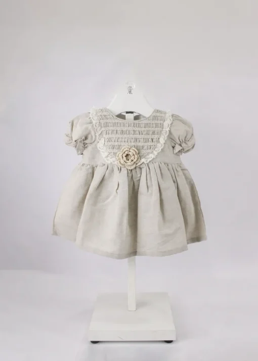Deolinda Abito Beige con Ricami e Fiore per Neonate