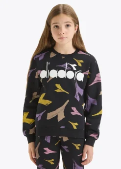 Diadora Kids Felpa Girocollo Stampa All-over Nera per Bambine