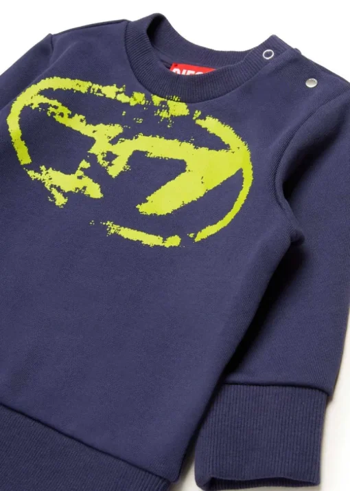 Diesel Kids Felpa Blu Girocollo con Used Effect Oval D per Neonati