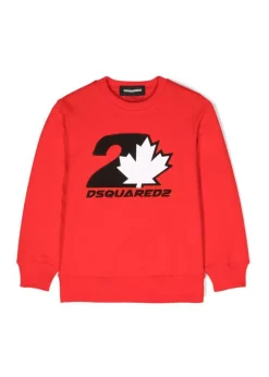 Dsquared2 Kids Felpa Girocollo Rossa con Stampa D2 Leaf per Bambini