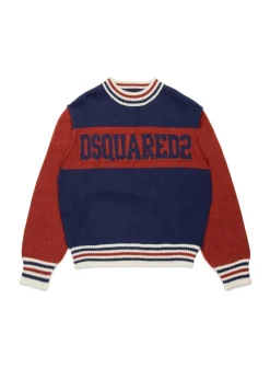 Dsquared2 Kids Maglione Girocollo Blu/Rosso con Logo per Bambini