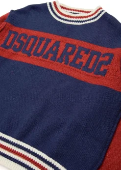 Dsquared2 Kids Maglione Girocollo Blu/Rosso con Logo per Bambini