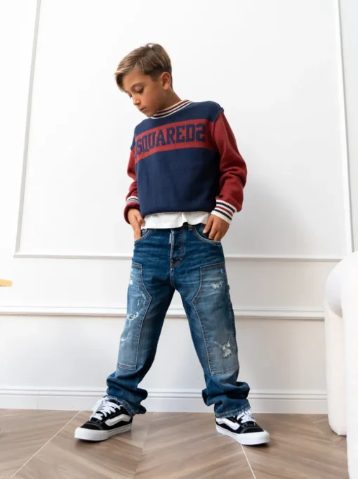 Dsquared2 Kids Maglione Girocollo Blu/Rosso con Logo per Bambini