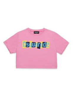 Dsquared2 Kids T-shirt Crop Fucsia con Logo Boxed per Bambine