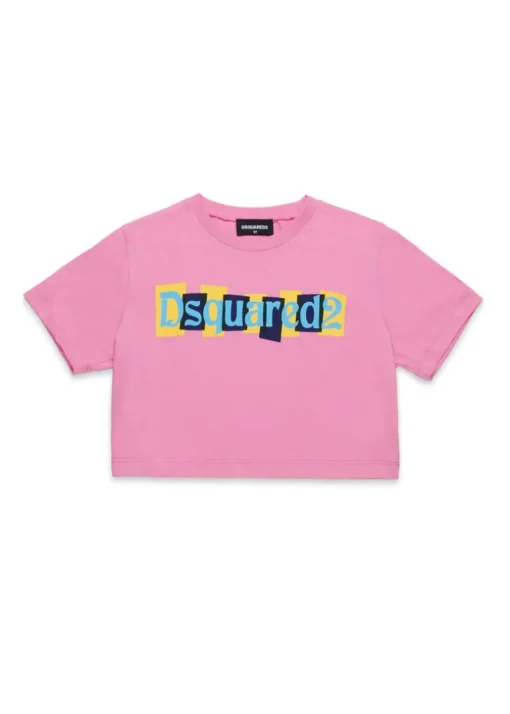 Dsquared2 Kids T-shirt Crop Fucsia con Logo Boxed per Bambine