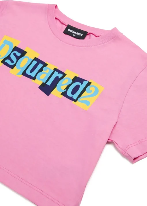 Dsquared2 Kids T-shirt Crop Fucsia con Logo Boxed per Bambine