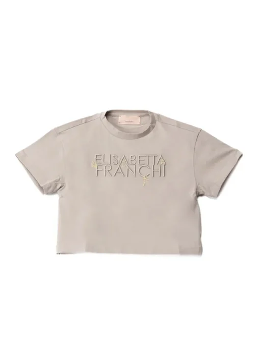 Elisabetta Franchi La Mia Bambina T-Shirt Perla Crop con Logo