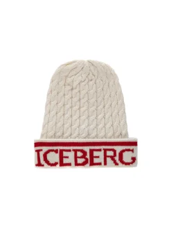Iceberg Kids Cappello Bianco in Maglia con Intarso Logo per Bambini