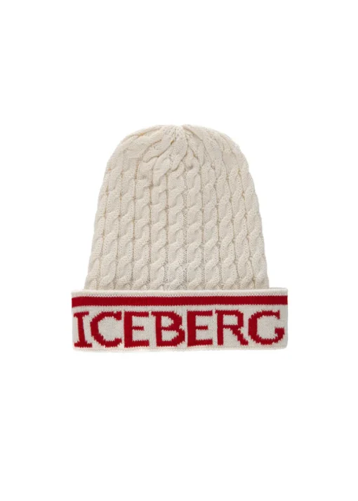 Iceberg Kids Cappello Bianco in Maglia con Intarso Logo per Bambini