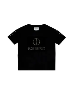 Iceberg Kids T-shirt Nera Crop con Logo Borchiato per Bambine