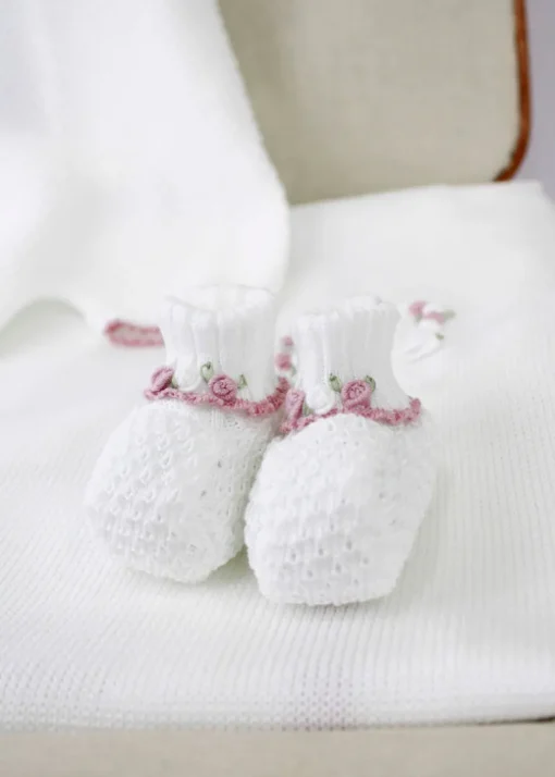 Marlù Scarpine Bianche/Rosa con Ricami Fiori per Neonate