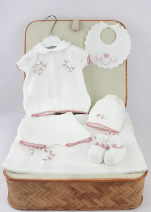 Marlu Corredino con Completo Bianco/Rosa con Ricami per Neonate