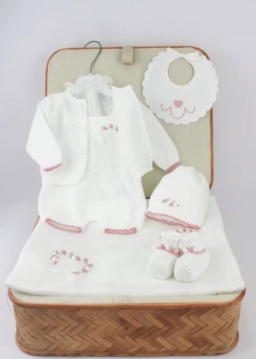 Marlu Corredino con Salopette Bianco/Rosa con Ricami per Neonate