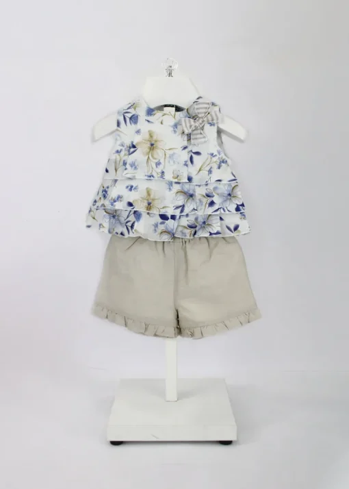 Minibanda Top Floreale con Shorts Beige per Neonate