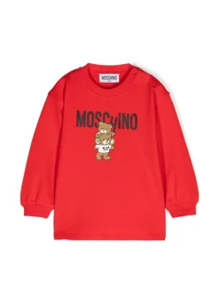 Moschino Kids Abito Lunghe Maniche Rosso con Stampa per Neonate
