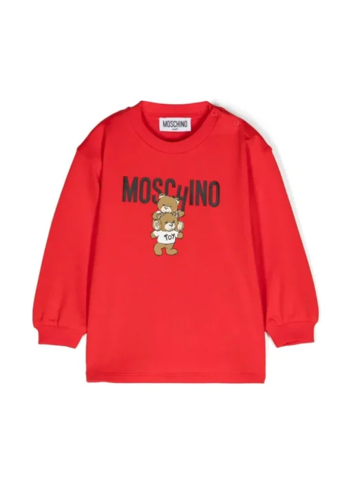 Moschino Kids Abito Lunghe Maniche Rosso con Stampa per Neonate
