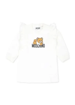Moschino Kids Abito Panna con Stampa Teddy Bear con Ruches per Neonate
