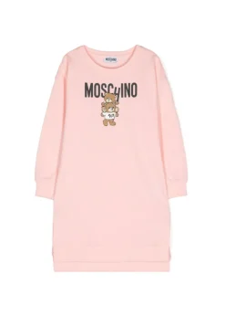 Moschino Kids Abito Rosa Chiaro con Stampa Logo per Bambine
