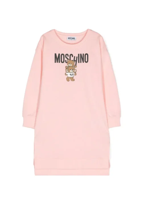 Moschino Kids Abito Rosa Chiaro con Stampa Logo per Bambine