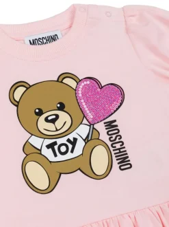 Moschino Kids Abito Rosa con Stampa e Ruches per Neonate