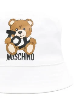 Moschino Kids Cappello Bucket Bianco con Stampa per Neonati