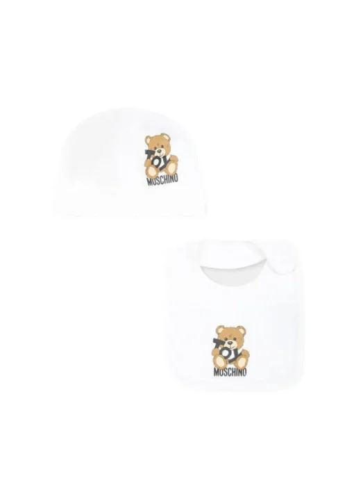 Moschino Kids Cappello con Bavetta Bianca con Toy per Neonati