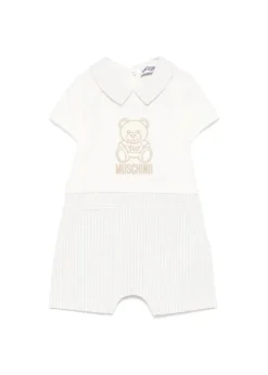 Moschino Kids Pagliaccetto a Righe Panna/Beige con Ricamo Teddy per Neonati