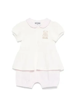 Moschino Kids Pagliaccetto a Righe Panna/Rosa con Ricamo Teddy per Neonate