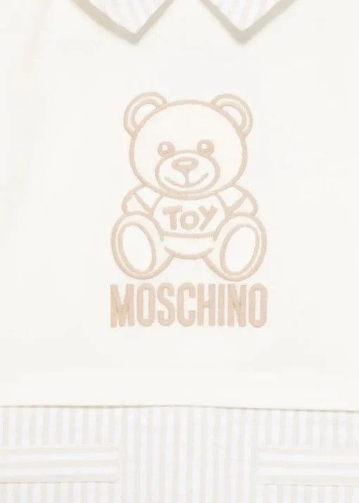 Moschino Kids Pagliaccetto a Righe Panna/Beige con Ricamo Teddy per Neonati