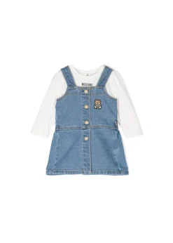 Moschino Kids Salopette Denim con Teddy Bear con T-shirt Bianca per Neonate