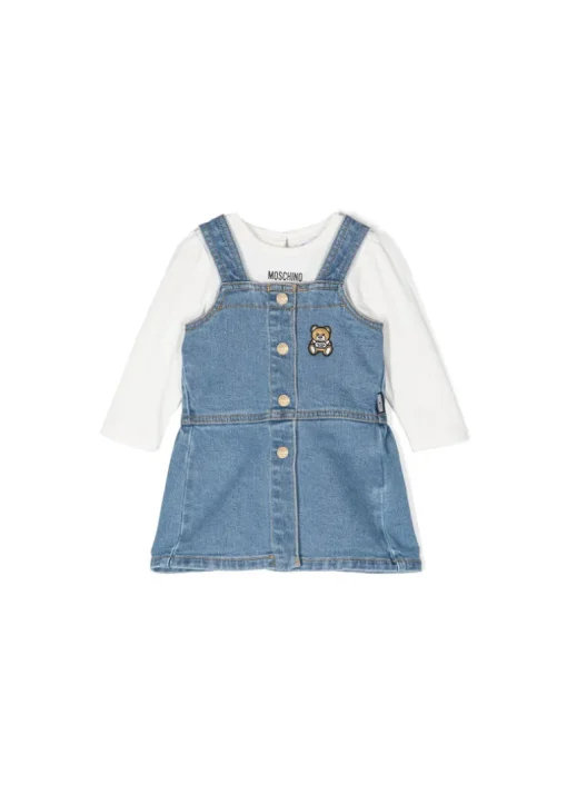 Moschino Kids Salopette Denim con Teddy Bear con T-shirt Bianca per Neonate