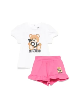 Moschino Kids T-shirt Bianca con Short Fucsia con Stampa per Neonate