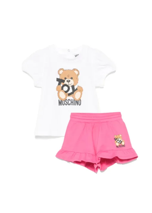Moschino Kids T-shirt Bianca con Short Fucsia con Stampa per Neonate