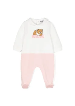 Moschino Kids Tutina Bianco/Rosa con Stampa Logo per Neonate