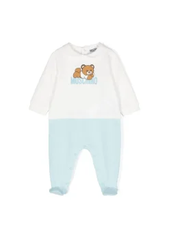 Moschino Kids Tutina Bianco/Cielo con Stampa Logo per Neonati