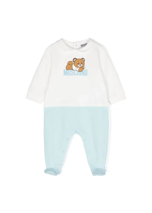 Moschino Kids Tutina Bianco/Cielo con Stampa Logo per Neonati