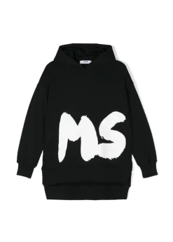 MSGM Kids Abito Nero con Cappuccio con Logo per Bambine