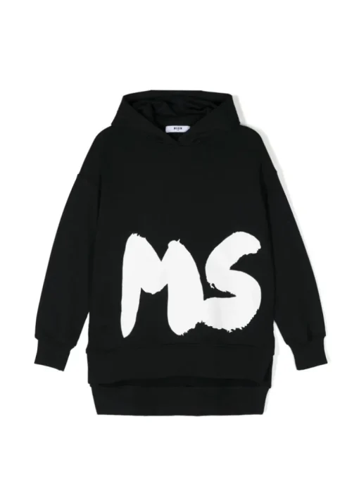 MSGM Kids Abito Nero con Cappuccio con Logo per Bambine