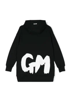 MSGM Kids Abito Nero con Cappuccio con Logo per Bambine