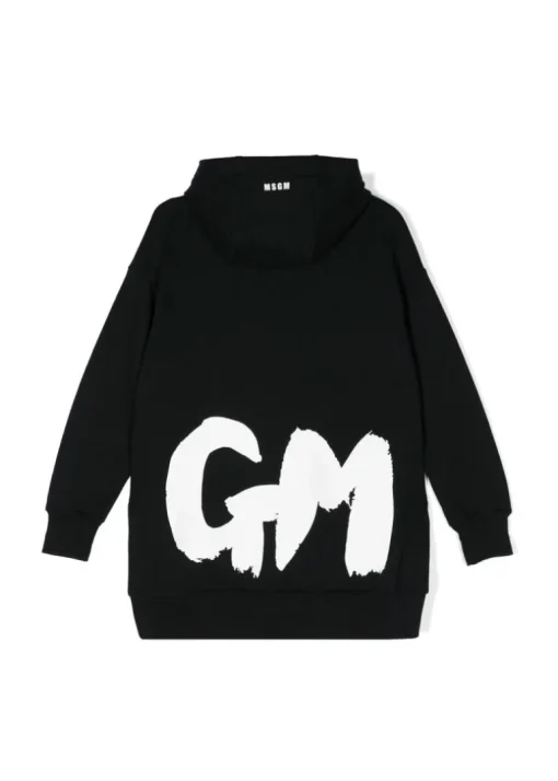 MSGM Kids Abito Nero con Cappuccio con Logo per Bambine